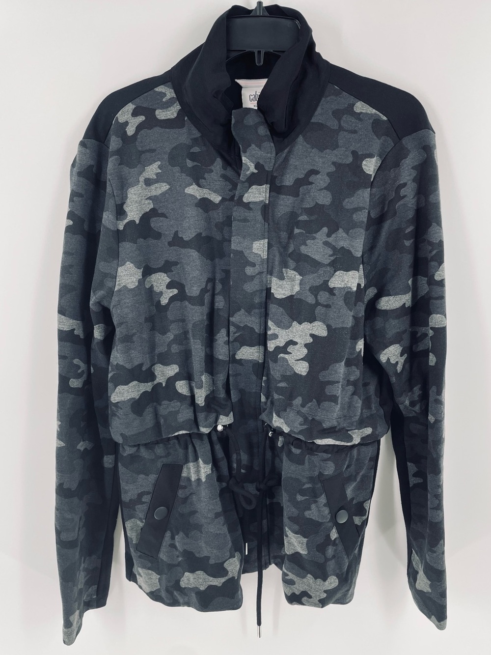 Cabi Black Grey Camo Drawstring Camouflage Pockets Full Zip ATC Jacket Size L